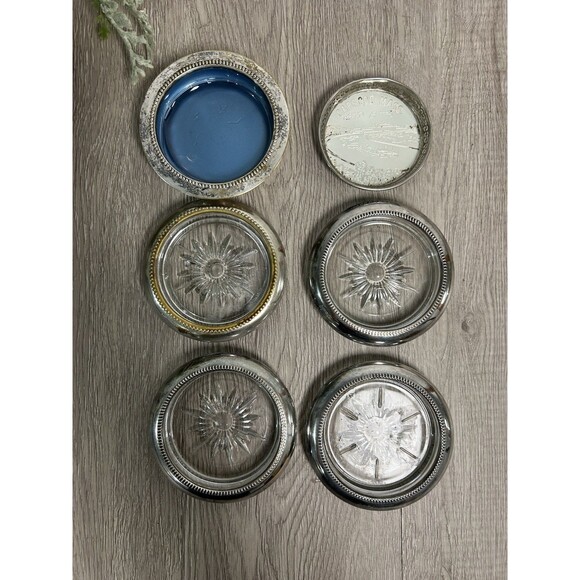Vintage Wine Coasters Sterling Silver & Pressed Glass Sunburst MCM Lot Of 6 - Picture 1 of 10